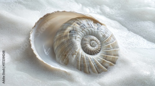 Nautilus shell resting on soft beach sand with gentle ocean waves creating a serene coastal atmosphere in shallow depth of field photo