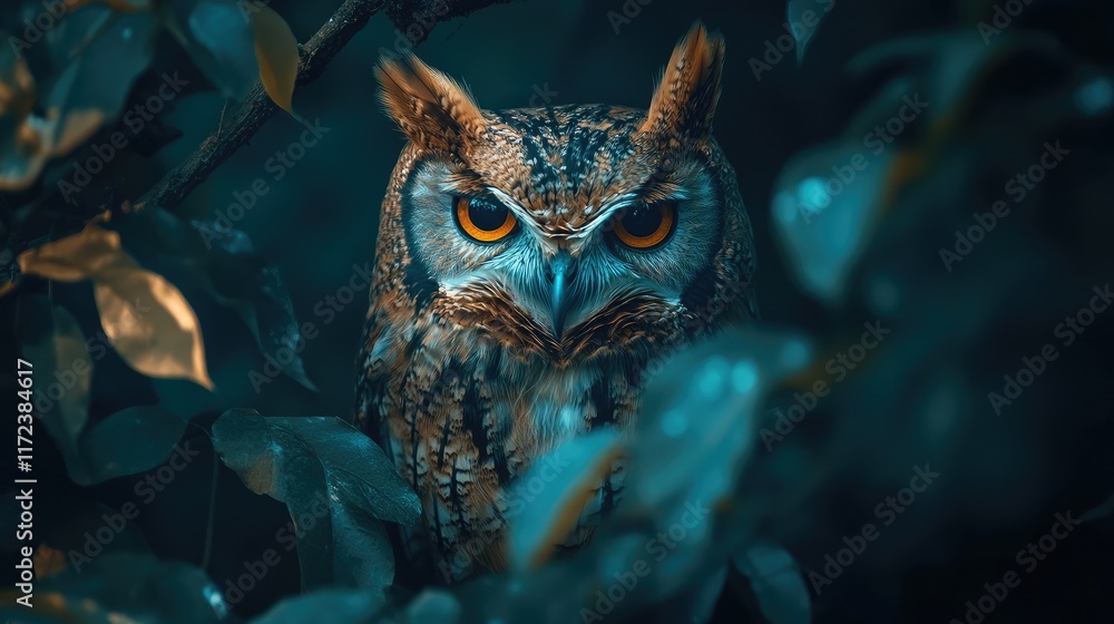 Obraz premium Common Scops Owl camouflaged in lush green foliage amidst dark forest setting showcasing wildlife and natural beauty