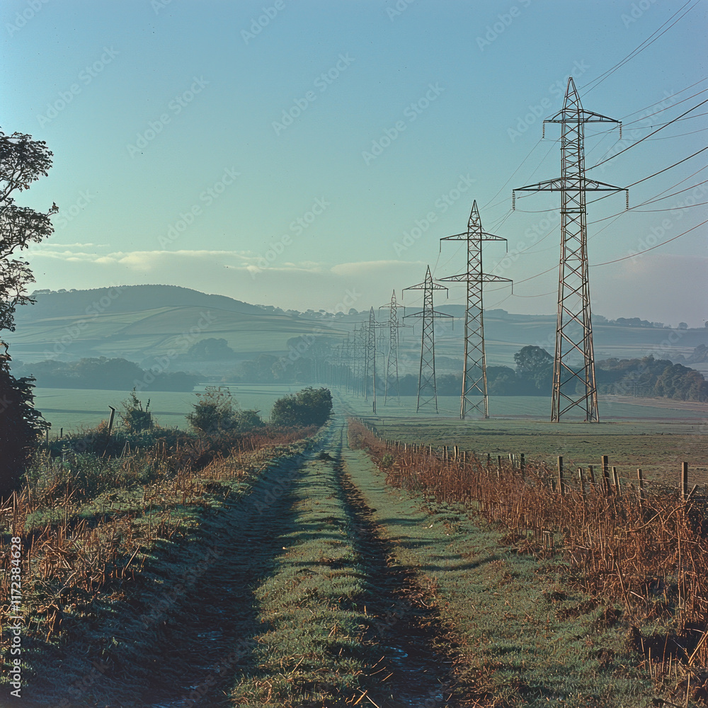Obraz premium Power lines over rural path at sunrise, misty valley background