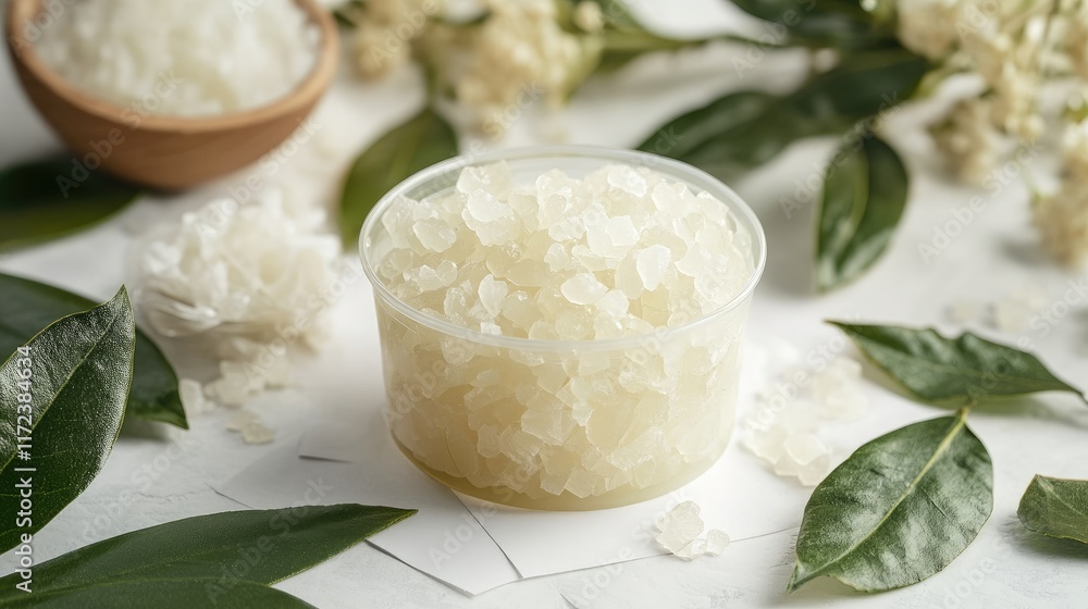 Cosmetic grade camphor flakes in a plastic cup surrounded by greenery ideal for spa treatments and aromatherapy applications