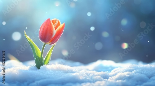Tulip flower blooming through snow in early spring garden showcasing resilience and beauty in nature's transition from winter to spring