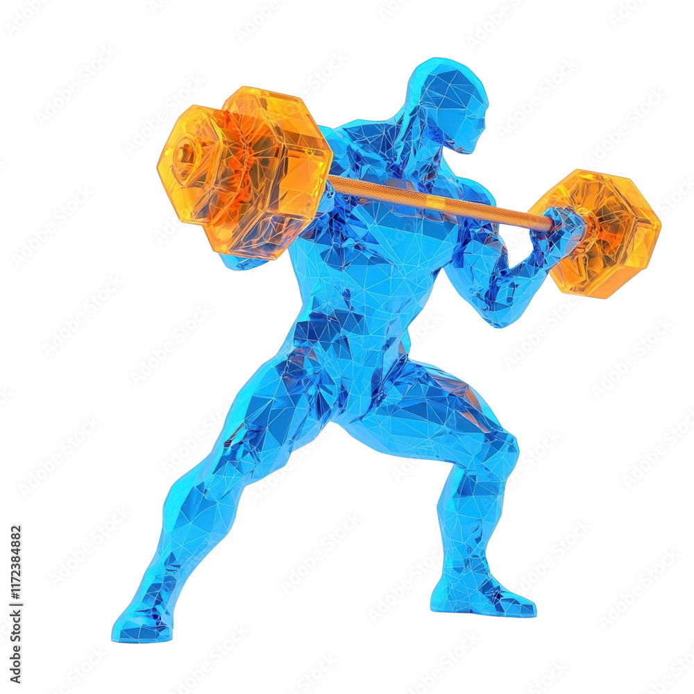 A muscular figure is lifting a barbell, showcasing strength and athleticism with a vibrant blue and orange design. A muscular figure is lifting a barbell, showcasing strength and athleticism with a vibrant blue and orange design.