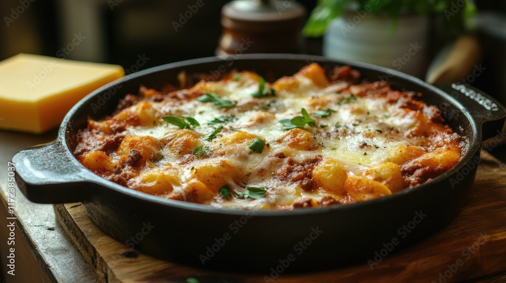 Neapolitan Gnocchi Baked with Traditional Ragu and Melted Cheese in Cast Iron Dish Neapolitan Gnocchi Baked with Traditional Ragu and Melted Cheese in Cast Iron Dish