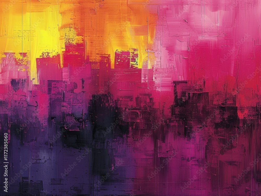Obraz premium Abstract Cityscape Painting Purple Pink Yellow Orange Hues