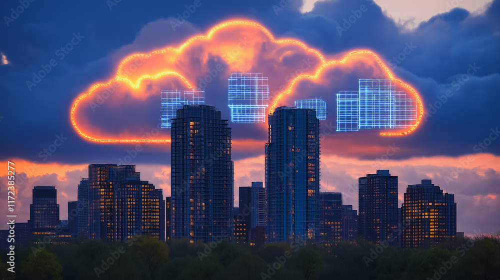 Fototapeta premium Glowing cloud computing icon hovering over a modern city skyline at sunset