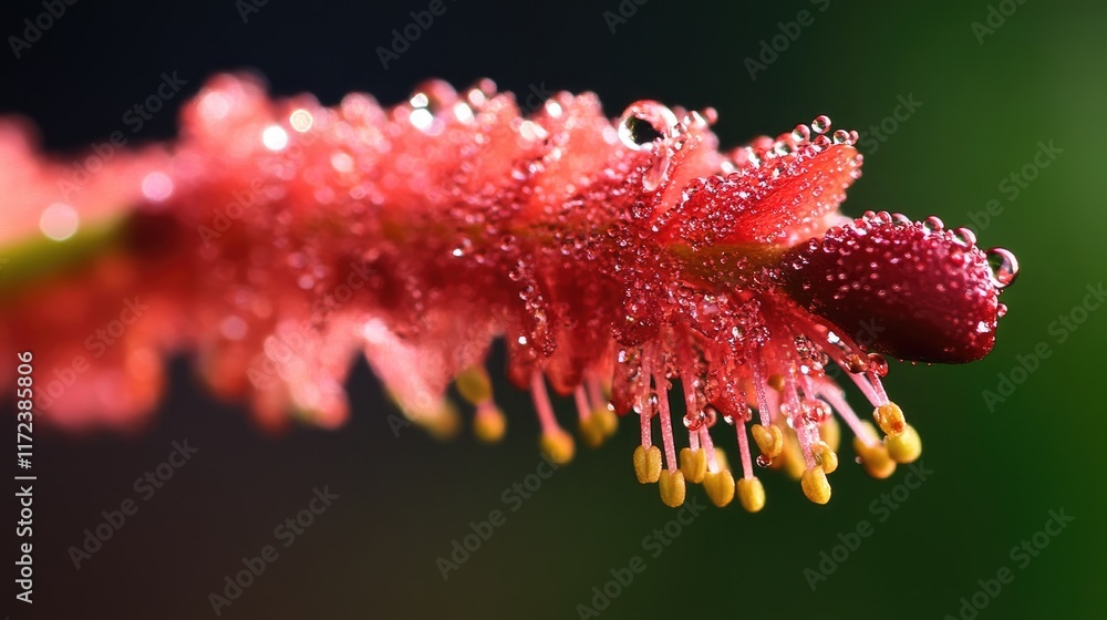 Close-up of water droplets on vibrant red pollen with a soft blurred petal background showcasing nature's beauty and detail. Close-up of water droplets on vibrant red pollen with a soft blurred petal background showcasing nature's beauty and detail.