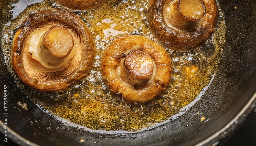 Obraz premium top view of multiple whole mushrooms frying in bubbling hot oil with golden crispy textures and caramelized surfaces 