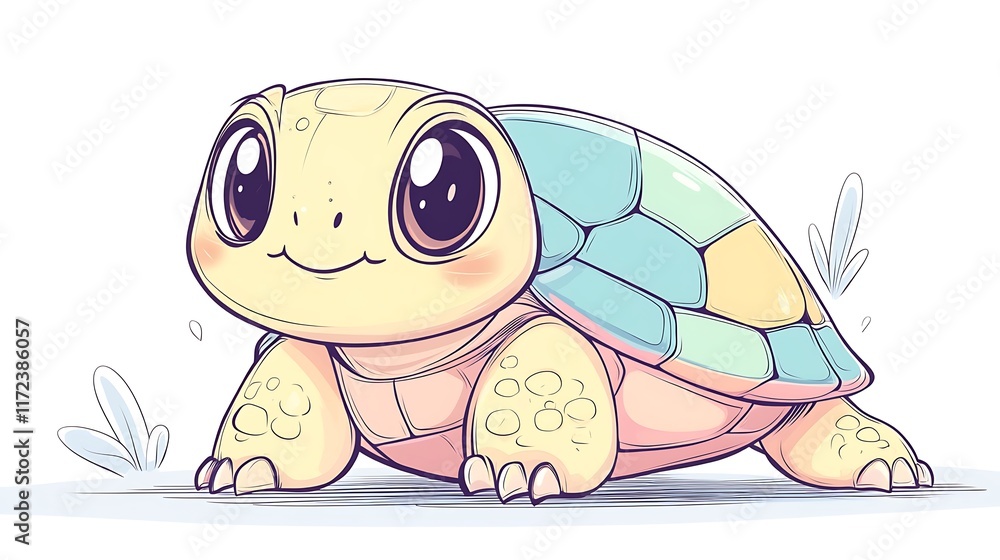 Obraz premium A cute turtle with big eyes and a pastel rainbow shell, clean white backdrop, minimalist hand-drawn style, kawaii aesthetic, soft pastel tones, hd quality, natural and playful design.
