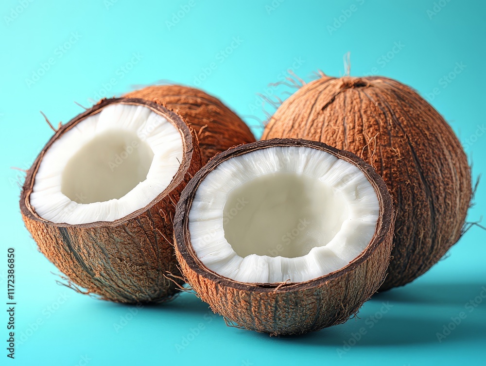 Three coconuts with one halved, showcasing the inner white flesh against a turquoise background. Three coconuts with one halved, showcasing the inner white flesh against a turquoise background.