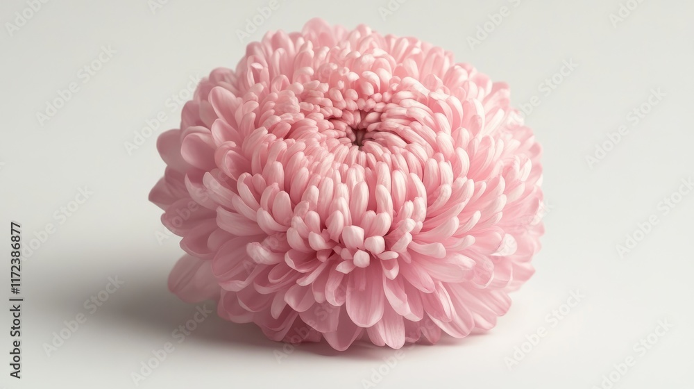 Naklejka premium Close-up view of delicate pink chrysanthemum flower showcasing intricate petal details on a neutral background