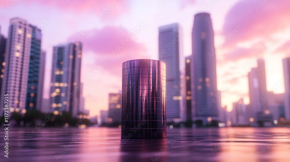 Modern City Skyline with Building Reflection at Sunset Colors Modern City Skyline with Building Reflection at Sunset Colors