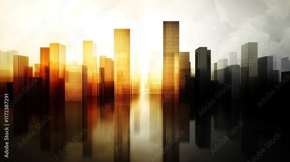 Fototapeta premium Urban skyline with dramatic sunset and reflection in water surface
