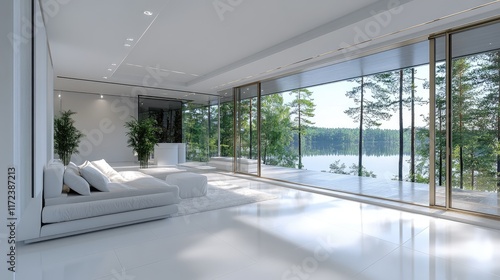 Spacious Modern Infotainment Room with White Interiors and Scenic Views of Lake and Forest Through Large Glass Windows