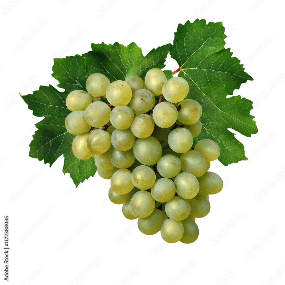 Obraz premium bunch green grapes with fresh green leaves isolated on white transparent background
