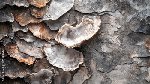 Textured background of oyster shells in various shades showcasing natural marine elements ideal for seafood themes or coastal designs. photo