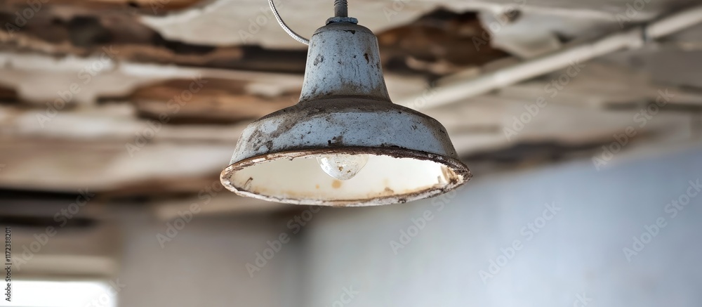 Obraz premium Rustic ceiling spotlight bulb in need of maintenance showcasing a vintage design and aged surfaces in a deteriorating interior space.