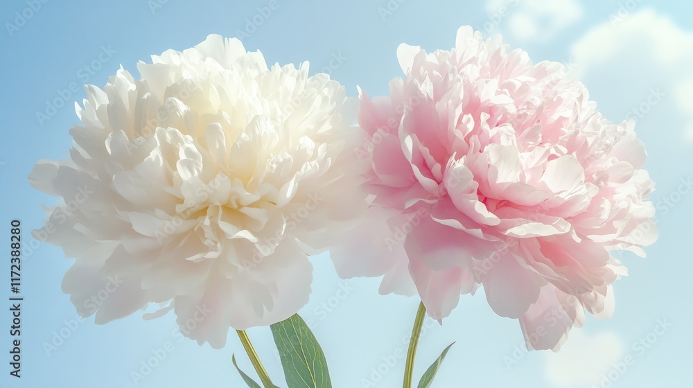 Peony bouquets on soft blue background ideal for wedding designs and invitations conveying love and happiness in spring summer themes Peony bouquets on soft blue background ideal for wedding designs and invitations conveying love and happiness in spring summer themes