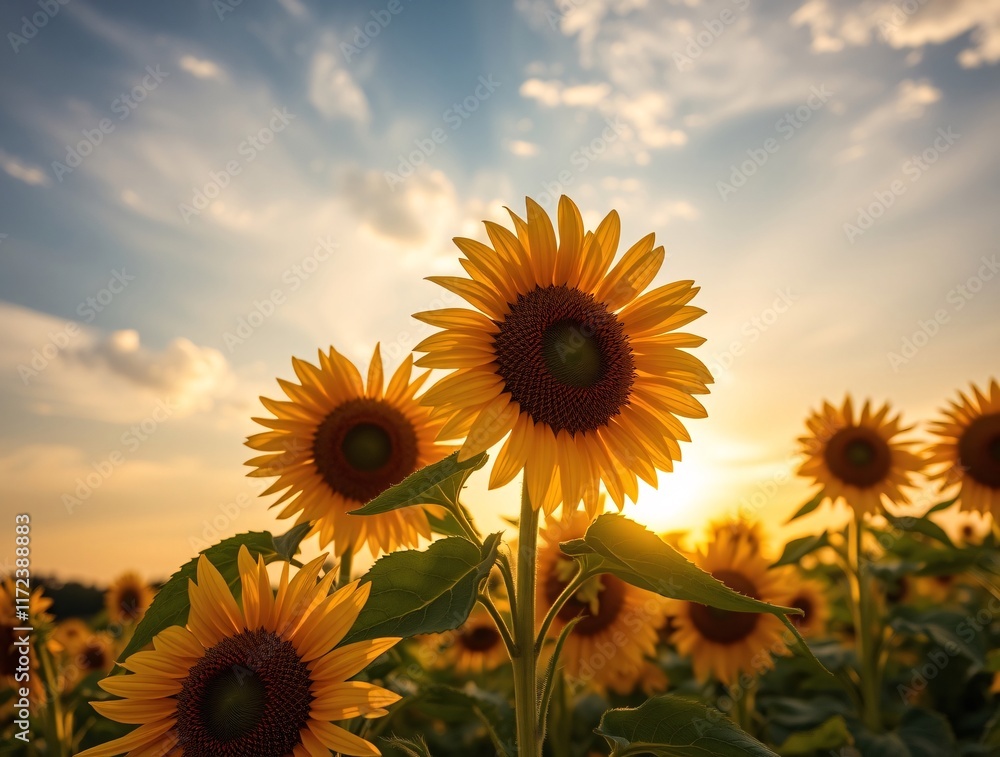 Obraz premium An expansive sunflower field stretches under a sunset sky, capturing the essence of summer's warmth and natural beauty.