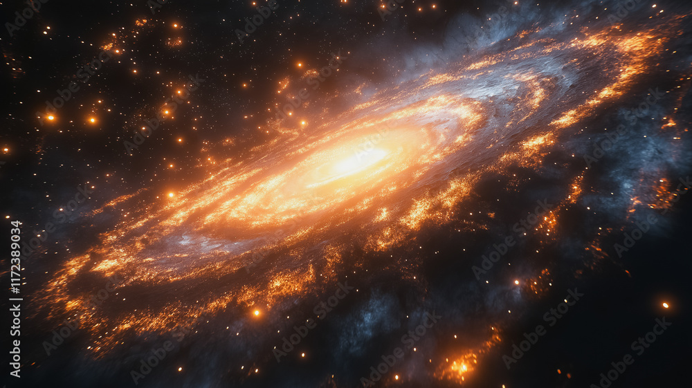 Cosmic Inferno: A fiery spiral galaxy blazes across the cosmos, its swirling arms ablaze with incandescent energy. Countless stars glimmer like celestial diamonds. Cosmic Inferno: A fiery spiral galaxy blazes across the cosmos, its swirling arms ablaze with incandescent energy. Countless stars glimmer like celestial diamonds.