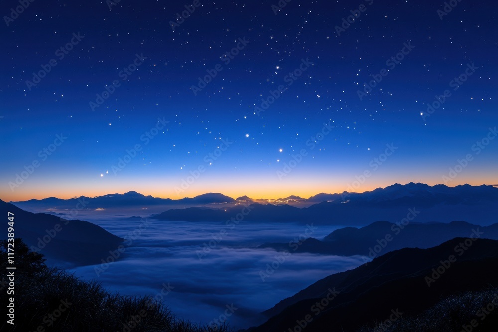 Starry Night Over Misty Mountain Ranges Starry Night Over Misty Mountain Ranges
