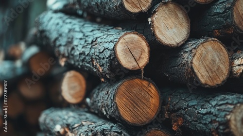 Neatly stacked and organized firewood logs in a natural outdoor setting ideal for rustic and nature-themed projects photo