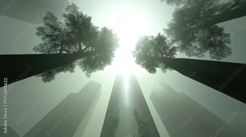 Fototapeta premium Ethereal Forest and Skyscraper Contrast Under Mystic Light