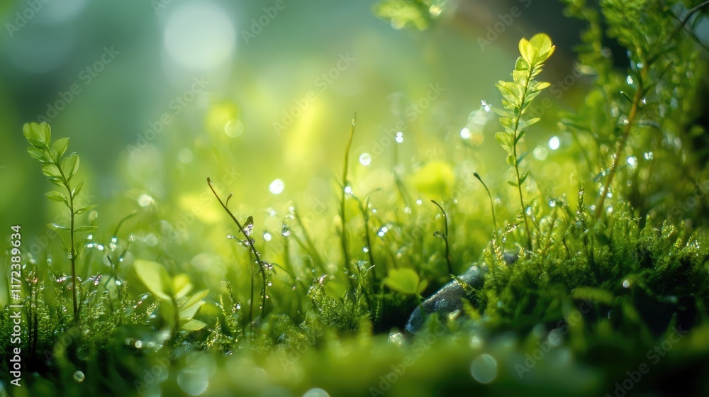 Lush Greenery with Dewdrops on Ferns and Mosses in Sunlight Creating a Tranquil Nature Scene Full of Life and Freshness Lush Greenery with Dewdrops on Ferns and Mosses in Sunlight Creating a Tranquil Nature Scene Full of Life and Freshness
