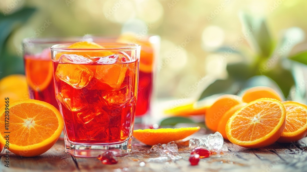 Negroni cocktail served in glass with orange peel and vibrant oranges on wooden table in soft focus background for elegant presentation Negroni cocktail served in glass with orange peel and vibrant oranges on wooden table in soft focus background for elegant presentation