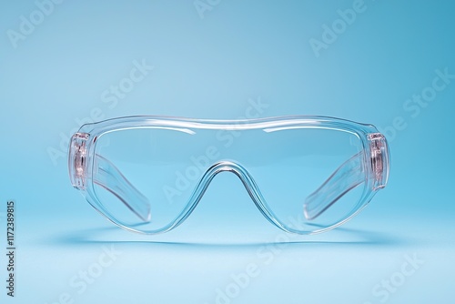 A pair of clear safety goggles displayed on a soft blue background, designed for protection during various activities.