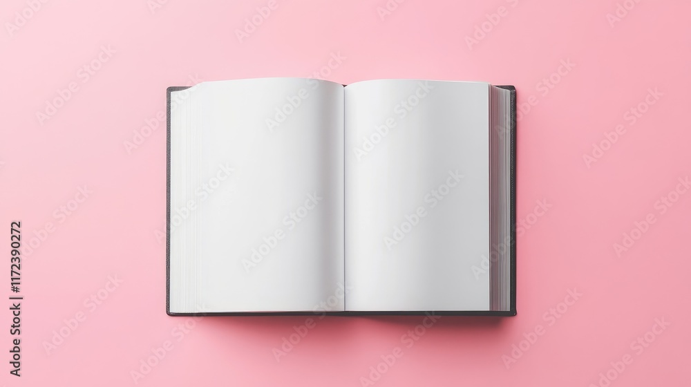 Flat lay of an open book on pink background with blank pages ideal for magazine flyers and creative artwork placements Flat lay of an open book on pink background with blank pages ideal for magazine flyers and creative artwork placements