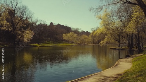 Tranquil Spring Scene at Prospect Park with Reflections in Calm Water and Lush Greenery photo