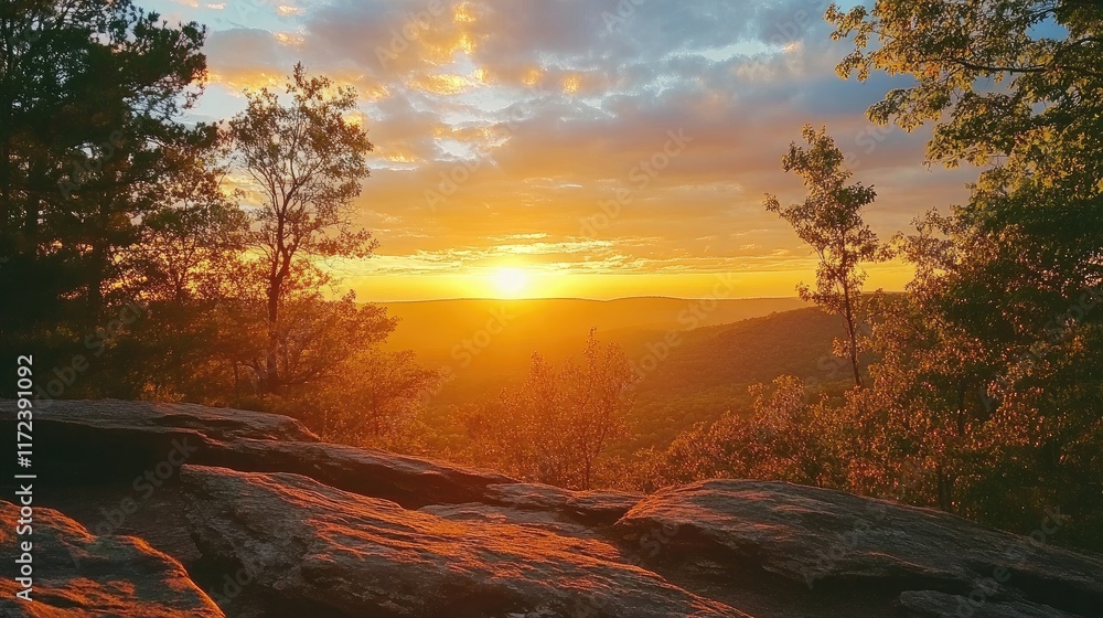 Fototapeta premium Breathtaking sunrise over serene landscape highlighting nature's beauty and tranquility in a picturesque outdoor setting.