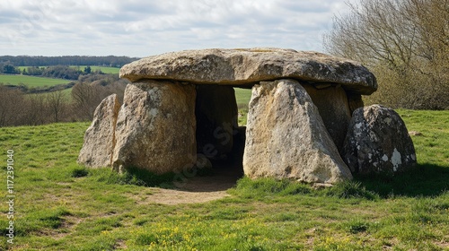 Ancient Neolithic stone sanctuary with large dolmen in lush green landscape under a cloudy sky showcasing historical architecture. photo