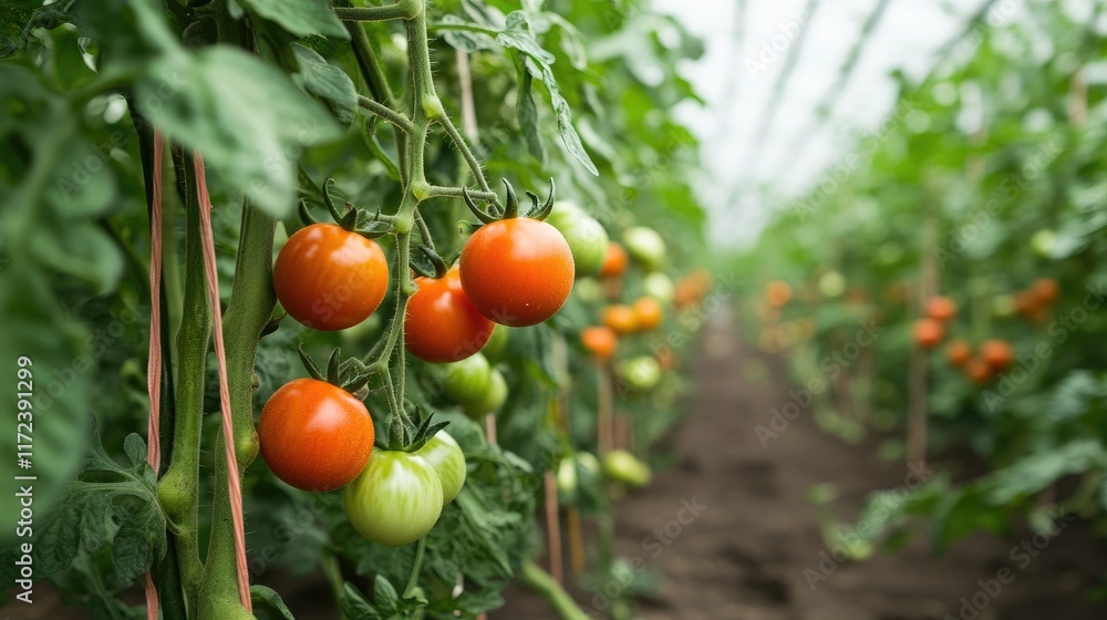 Tomato plants in greenhouse displaying ripe and unripe fruit highlighting temperature tolerance for optimal growth and harvest. Tomato plants in greenhouse displaying ripe and unripe fruit highlighting temperature tolerance for optimal growth and harvest.