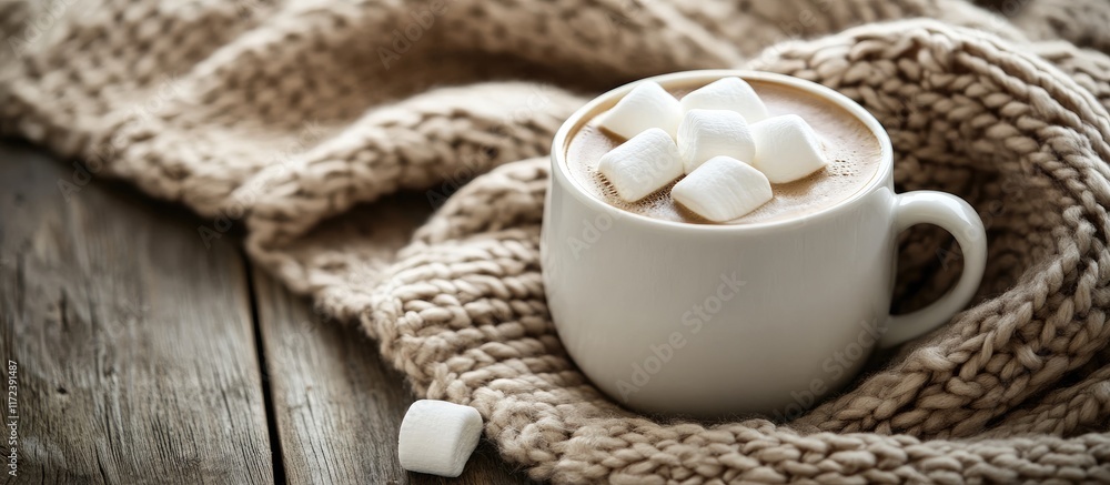 Warm winter comfort with a cozy cup of hot coffee topped with marshmallows beside a knitted sweater on rustic wood for lifestyle inspiration Warm winter comfort with a cozy cup of hot coffee topped with marshmallows beside a knitted sweater on rustic wood for lifestyle inspiration
