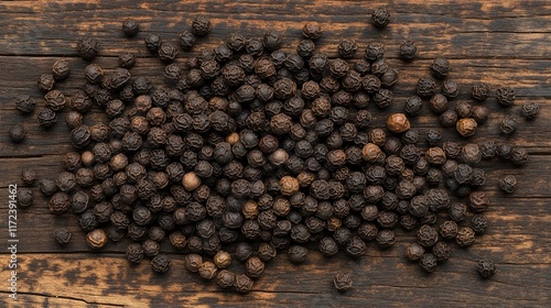 Overhead view of whole black peppercorns scattered on rustic wooden background showcasing natural textures and earthy tones photo