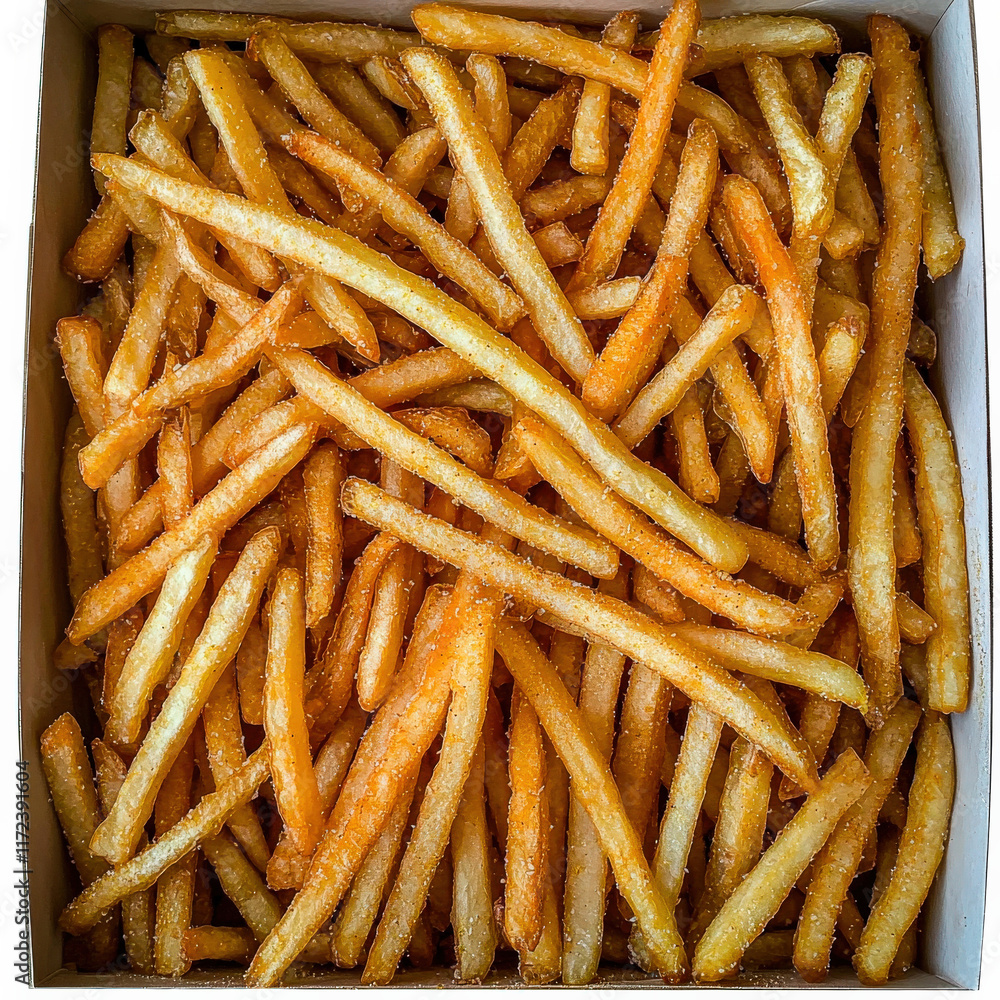 A large round box filled with crispy golden French fries, perfectly arranged in an orderly manner and dusted with flavorful seasoning powder, creating a delicious and visually appealing presentation. A large round box filled with crispy golden French fries, perfectly arranged in an orderly manner and dusted with flavorful seasoning powder, creating a delicious and visually appealing presentation.