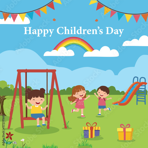  A Happy Children's Day design featuring children playing on swings and slides in a park, with gift boxes, a rainbow, and colorful bunting in the background