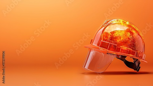 A bright orange safety helmet with a visor, set against an orange background, symbolizes protection and safety in hazardous environments. photo