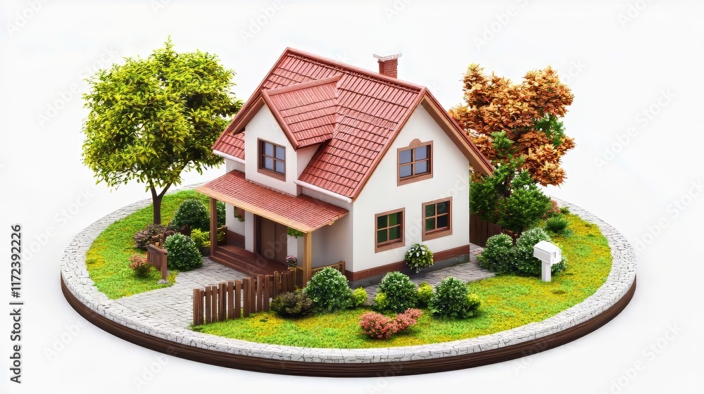 Miniature model of a charming house surrounded by greenery on a white background Miniature model of a charming house surrounded by greenery on a white background