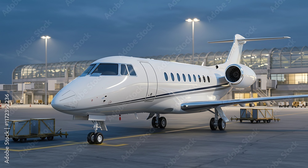 Business private jet airplane parked at terminal. Luxury tourism and business travel transportation concept. Closeup. 3d rendering
