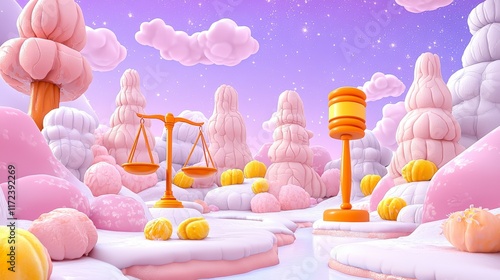 Dreamy pastel landscape with whimsical trees, purple sky, scales of justice, and playful gavel in surreal environment