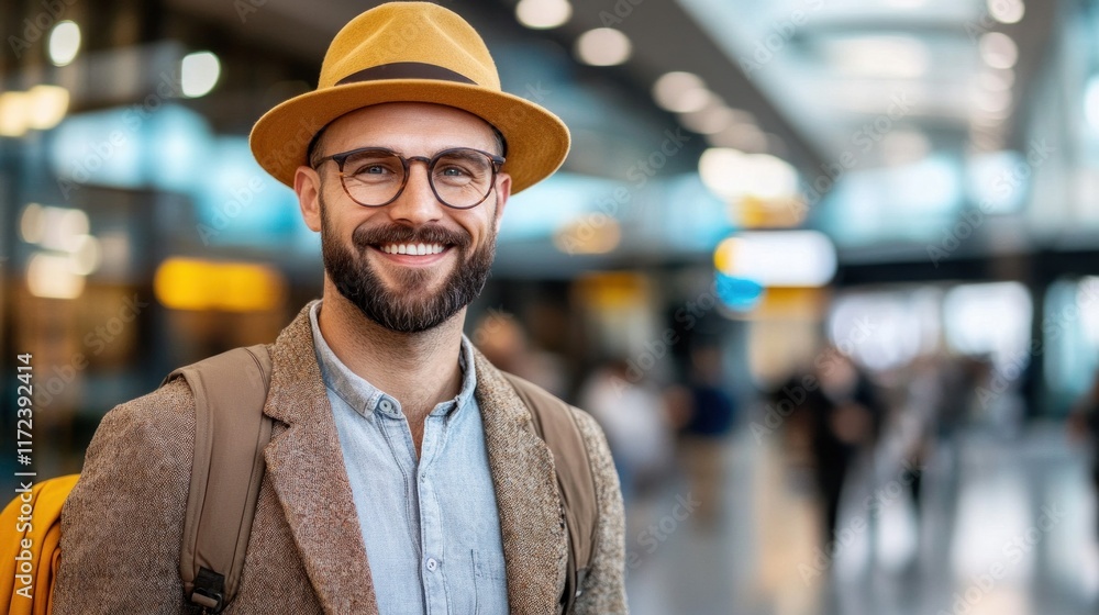 A stylish man with a beard, wearing glasses and a yellow hat, smiles confidently against a blurred airport background. A stylish man with a beard, wearing glasses and a yellow hat, smiles confidently against a blurred airport background.