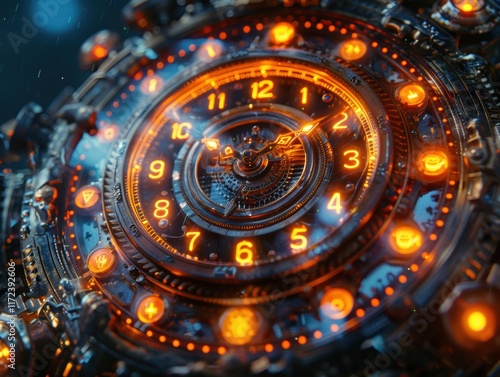 Wallpaper Mural Futuristic Clockwork Mechanism Time Travel 8K Steampunk Glowing Orange HD Torontodigital.ca