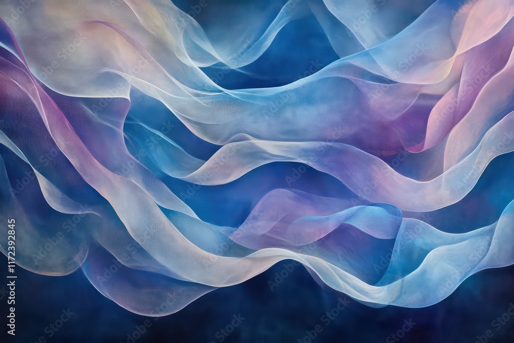 Obraz premium Ethereal smoke trails in shades of blue, purple, and pink forming a ribbon-like wave with transparency.