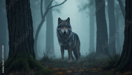 Lone wolf standing in a misty forest surrounded by trees and fog, creating a mysterious atmosphere