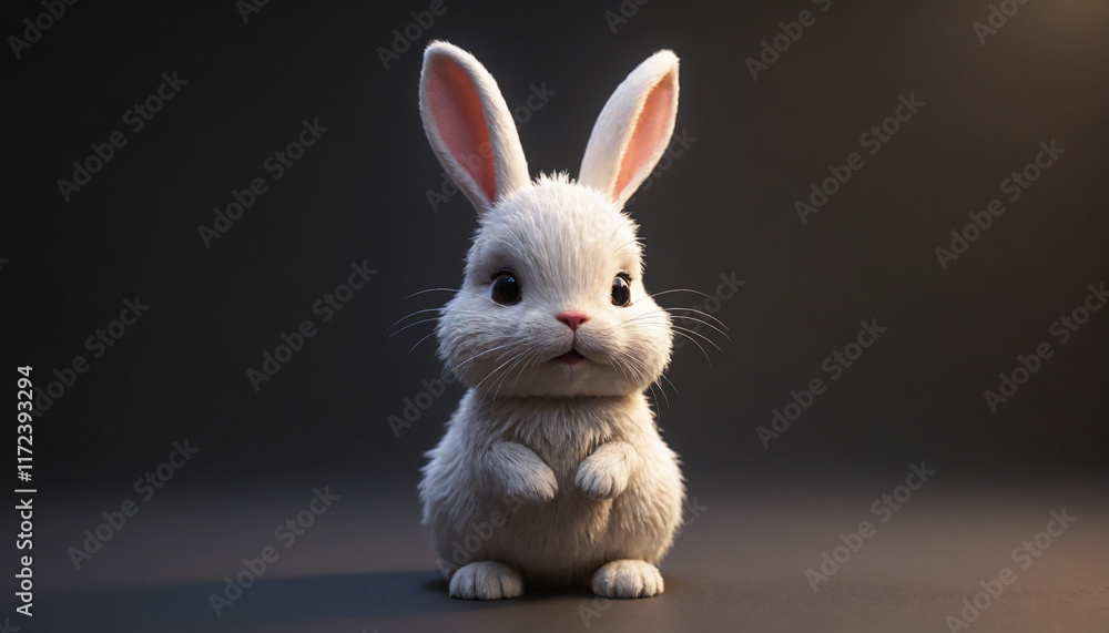 Obraz premium Adorable fluffy bunny standing on a dark surface with a curious expression