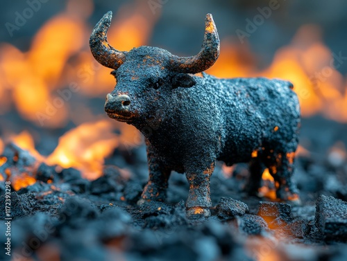 A textured bull figurine stands on dark volcanic rock with glowing orange flames in the background. photo