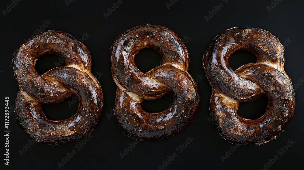 Overhead view of three golden brown pretzels against a dark background showcasing their twisted shape and texture Overhead view of three golden brown pretzels against a dark background showcasing their twisted shape and texture