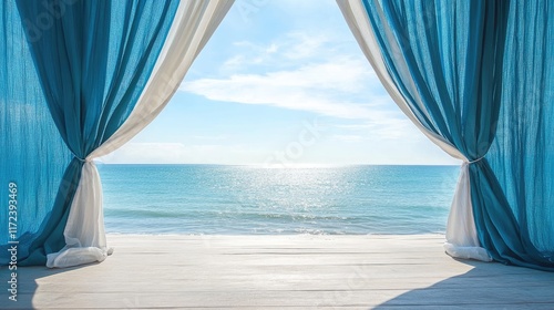 Blue Curtains Draped in a White Tent Overlooking a Serene Sea View with Soft Waves and a Clear Sky